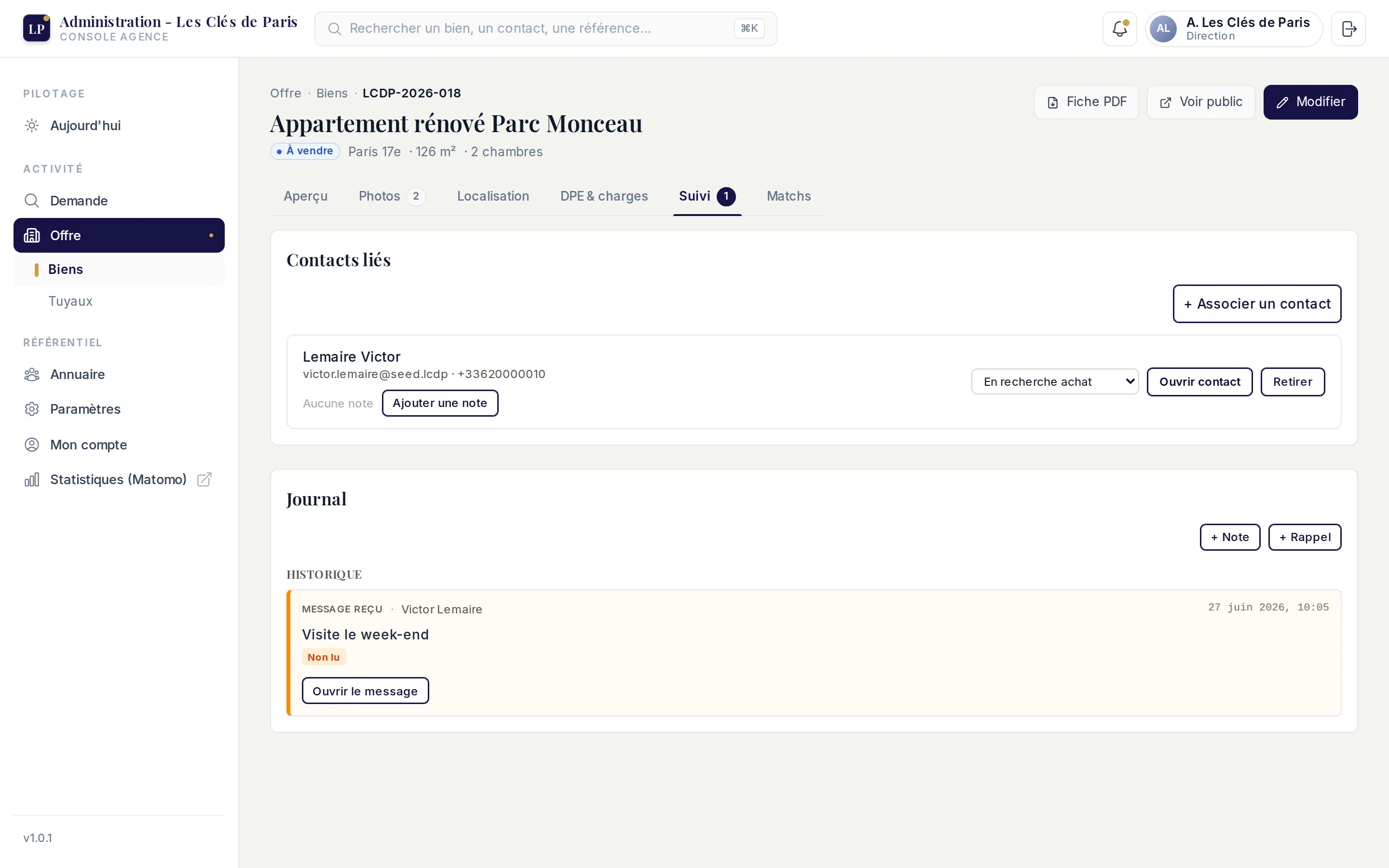 Suivi d’un bien : contacts liés et journal d’activité retraçant messages, notes et rappels