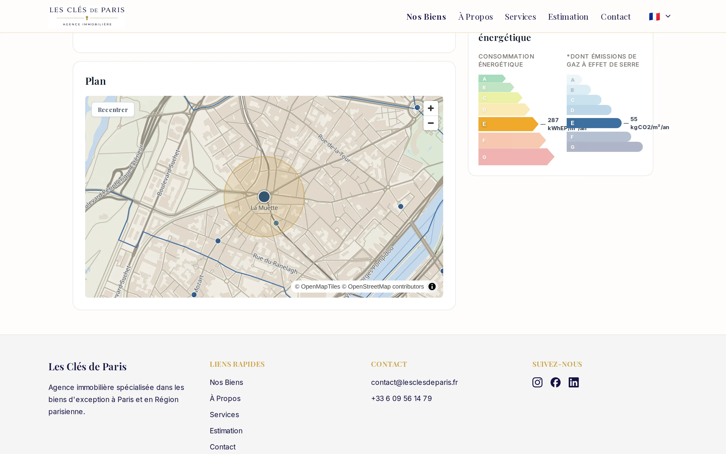 Fiche d’un bien : carte auto-hébergée (MapLibre, tuiles OpenStreetMap) et diagramme de performance énergétique