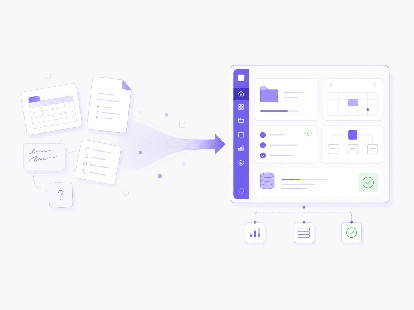 Des éléments épars, documents, tableur, note manuscrite, se recomposent en une application nette et ordonnée.